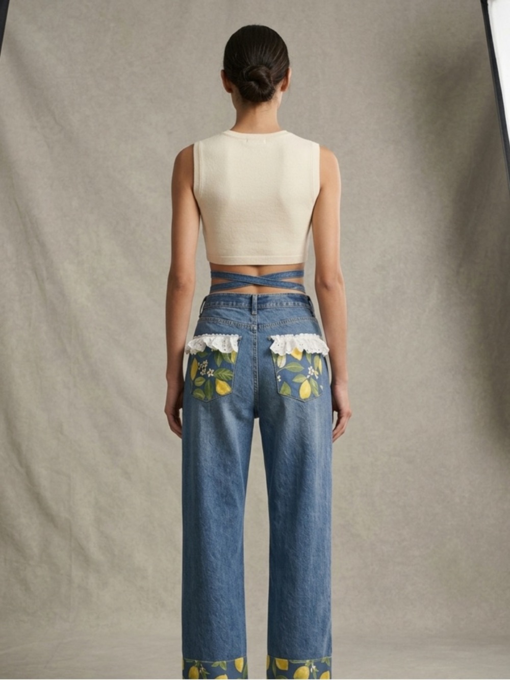 Women’s Blue Lemon Print Wide Leg Upcycled Jeans OOAK Handmade RARE Couture
